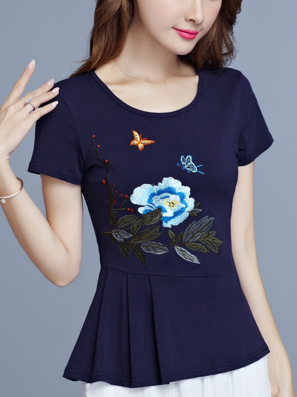 Tika Plus Size Cheongsam Qipao Top - Floral And Butterfly Embroidery U Neck Peplum Short Sleeve Top (Blue, White) (Suitable For Chinese New Year)