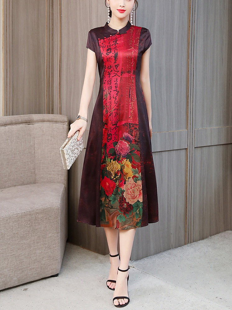 Taliana Plus Size Cheongsam Qipao Floral Oriental Print Short Sleeve Midi Dress (Green, Red, Black)