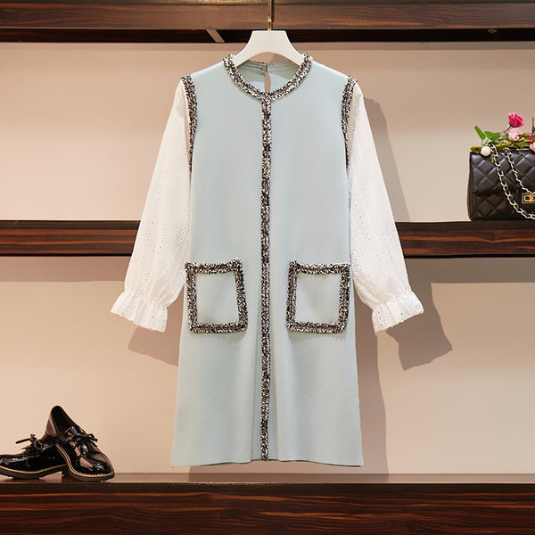 Shange Knit Chanel-esque Tweed Pocket Mid Sleeve Dress (Black, Blue)