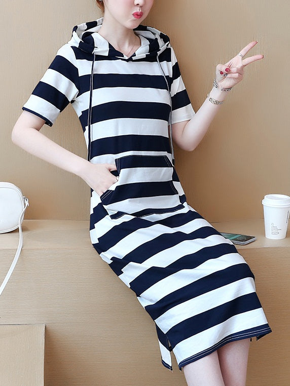 Yolande Plus Size Black And White Stripes Hoodie Shirt Sleeve Midi T Shirt Dress