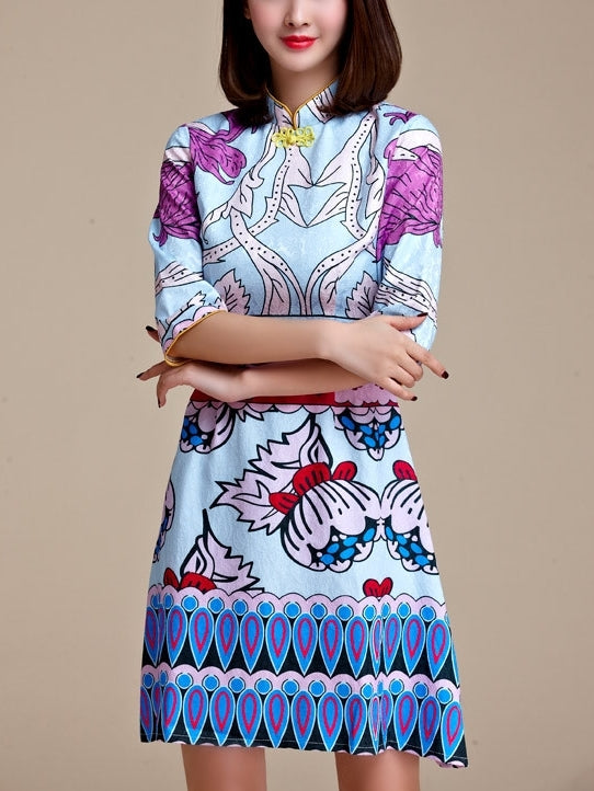 Bright Modern Print Plus Size Qipao Cheongsam Dress