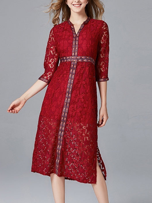 Maëlly Tapestry Red Lace Midi Dress