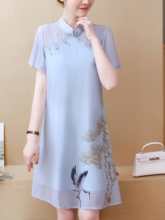 Thomasyn Plus Size Blue Cheongsam Qipao With Chinese Crane Print Short Sleeve Dress