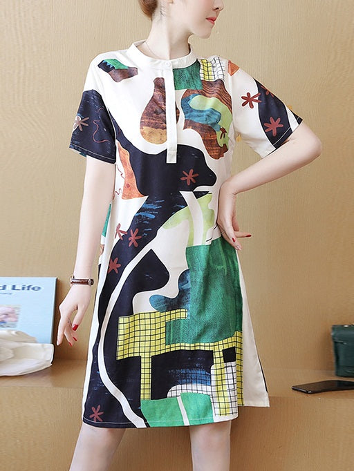 Lailee Plus Size Art Pattern Mandarin Collar Short Sleeve Dress