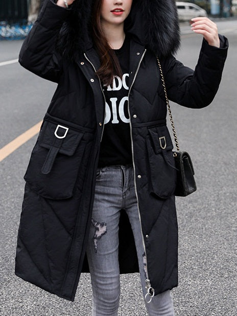 Sreedevi Plus Size Women's Winter Jacket Fur Hoody Padded Long Winter Jacket (Khaki, Black) (EXTRA BIG SIZE)
