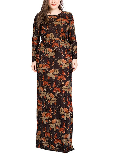 Tomlin Plus Size Brown Autumn Floral Print Long Sleeve Maxi Dress (Suitable for Muslimah Fashion Wear, Hijab Wearers as Abaya) (Beige) (EXTRA BIG SIZE)