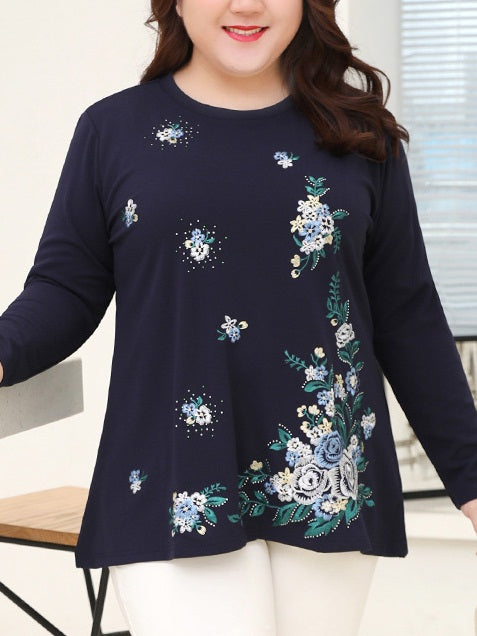 Simcha Blue Floral Embroidery Diamante L/S Top (EXTRA BIG SIZE)