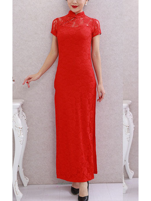 Tayen Plus Size Cheongsam Qipao Chinese Red Lace Short Sleeve Maxi Dress Gown / Sleeveless Maxi Dress Gown (Suitable For Chinese New Year, Weddings, Evening Wear, Red Carpet, Company Function) (Red)