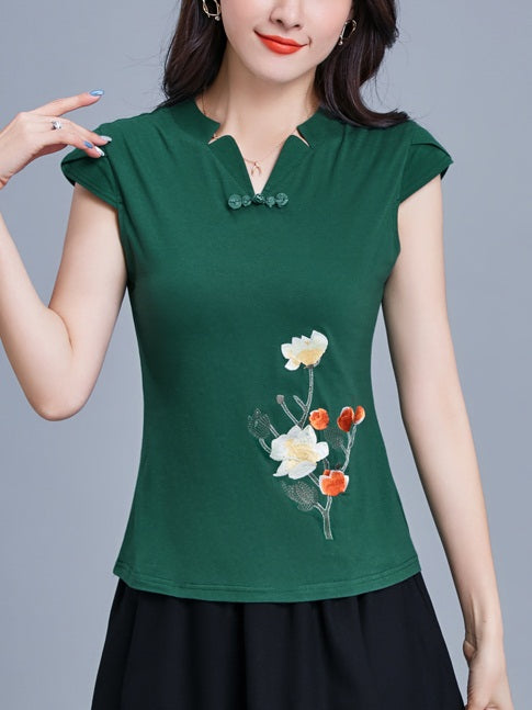 Tikal Plus Size Cheongsam Qipao Top - Floral Embroidery V Neck Chinese Short Sleeve Top (Green, Red, Black, Blue, White) (Suitable For Chinese New Year)