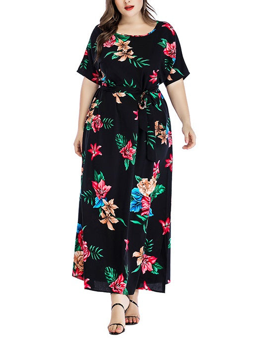Wenda Plus Size Floral Printed Waist Tie Short Sleeve Maxi Dress (Red Flowers, Pink Flowers) (EXTRA BIG SIZE)