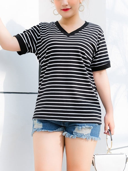 Rayo Black Stripes V Neck Tee Shirt  (EXTRA BIG SIZE)