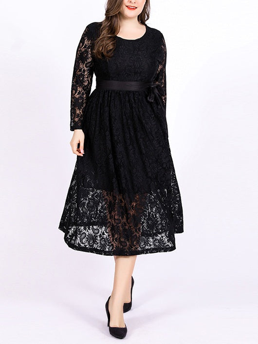 Shirin Plus Size Black Lace Swing Hem Ribbon Tie Wedding Occasion Evening Dress Long Sleeve Midi Dress (EXTRA BIG SIZE)