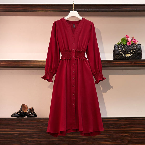 Shani V Neck Button Scrunch Waist L/S Dress (Red, Black)