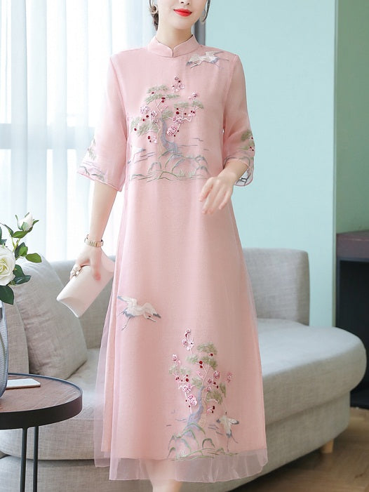 Triana Plus Size Chinese Cranes And Floral Embroidery Mid Sleeve Midi Dress (Suitable For Weddings, Chinese New Year,  Mother Of The Bride And Weekends) (Pink, Green)