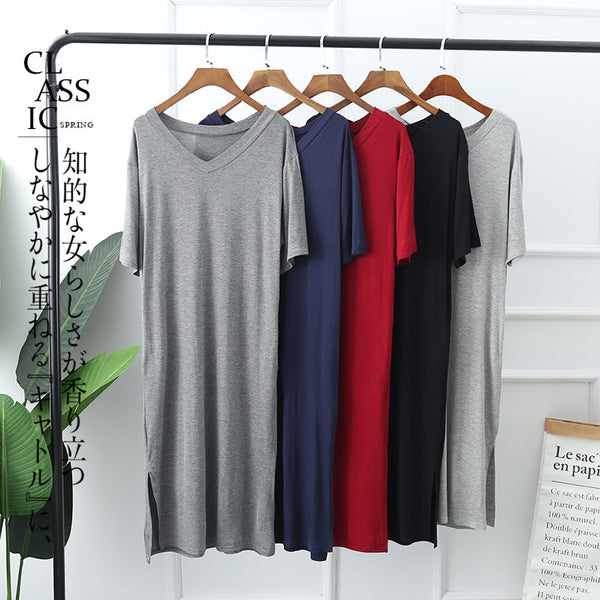 Plus Size Pyjamas Dress V Neck Cotton Casual Wear / Sleep Wear Short Sleeve Midi Dress (Midi Sleep Dress)