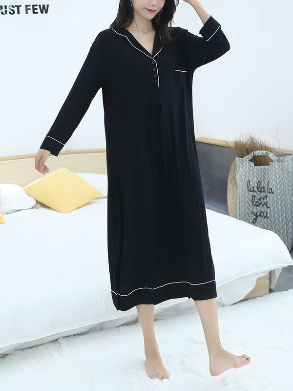 Plus Size Pyjamas Dress Collared Dress Modal Cotton Long Sleeve Midi Dress (Midi Sleep Dress)