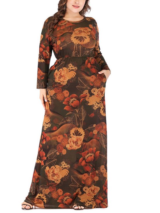 Plus Size Autumn Floral Print Long Sleeve Muslimah Dress