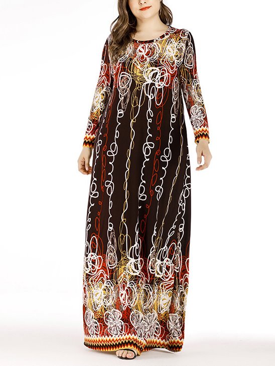 Plus Size Floral Art Print Long Sleeve Muslimah Dress