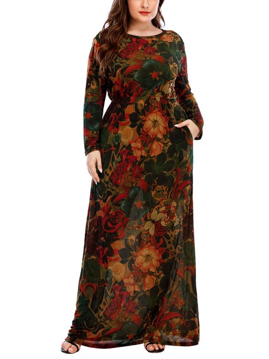 Plus Size Floral Art Print Long Sleeve Muslimah Dress