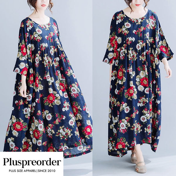 Plus Size Floral Navy Loose Mid Sleeve Maxi Dress