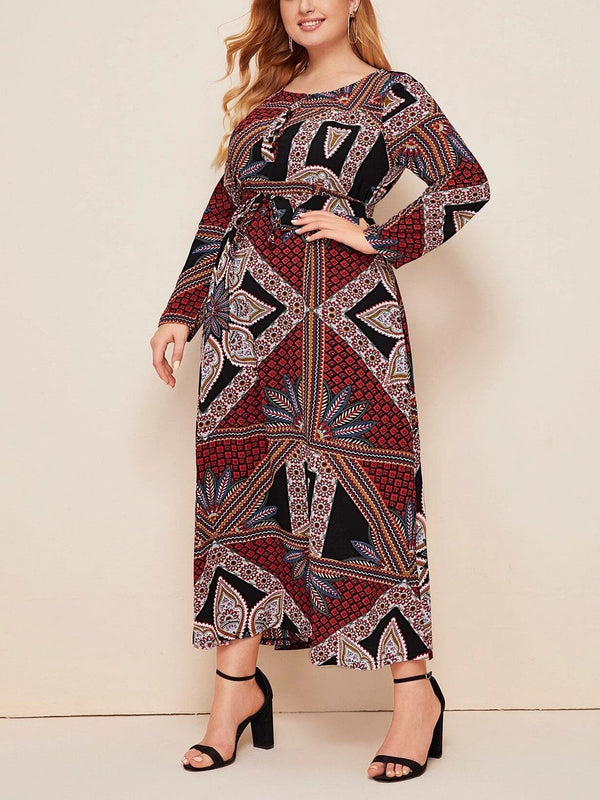 Plus Size Ethnic Print Long Sleeve Abaya Muslimah Dress