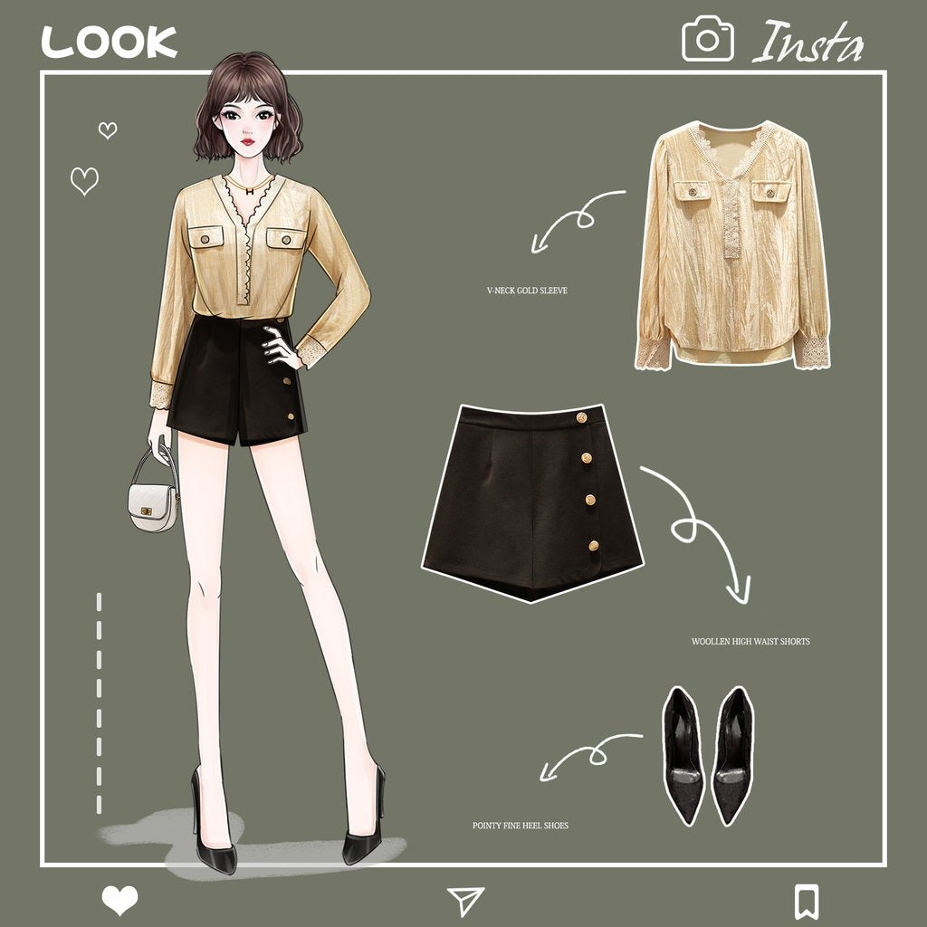 Plus Size Velvet V Neck Chanel-esque Long Sleeve Top and Gold Button Highwaist Shorts (Buy as Set or Separately) (Beige, Black)