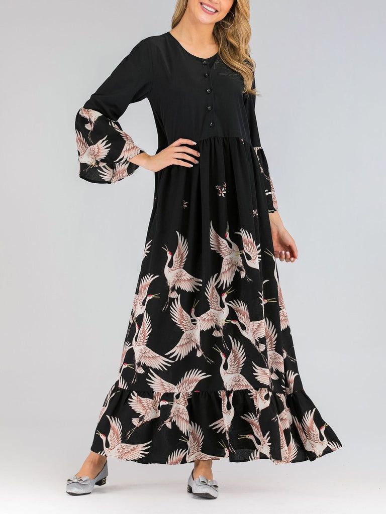 Plus Size Chinese Cranes Print Muslimah Dress