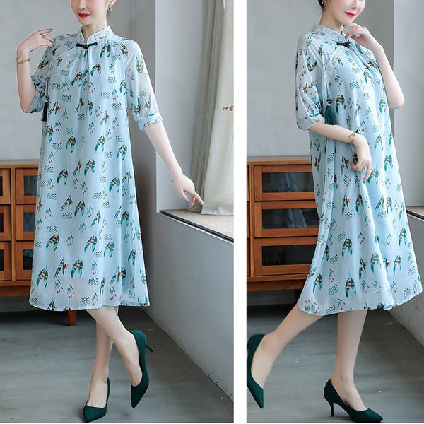 Plus size chiffon blue print lace oriental cheongsam dress