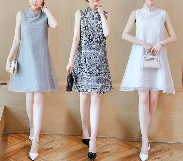 Plus size baroque print sleeveless cheongsam dress