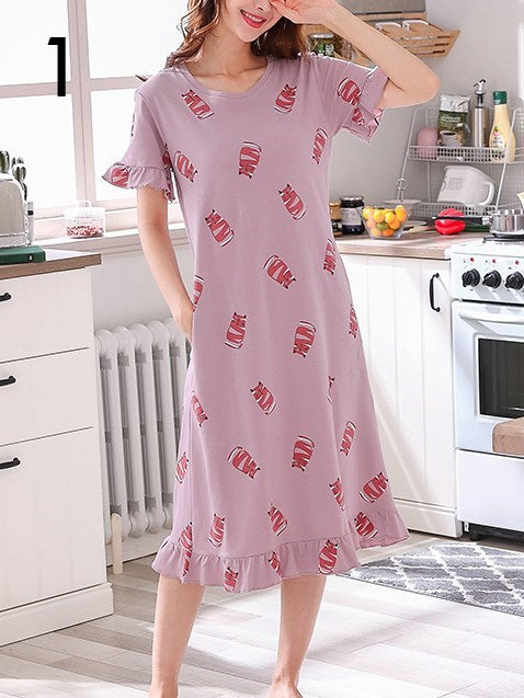 Plus Size Pyjamas Dress Cartoon Print Cute Frill Hem Short Sleeve Midi Dress