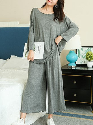 Plus Size Pyjamas Long Sleeve Top and Wide Leg Capri Pants Set