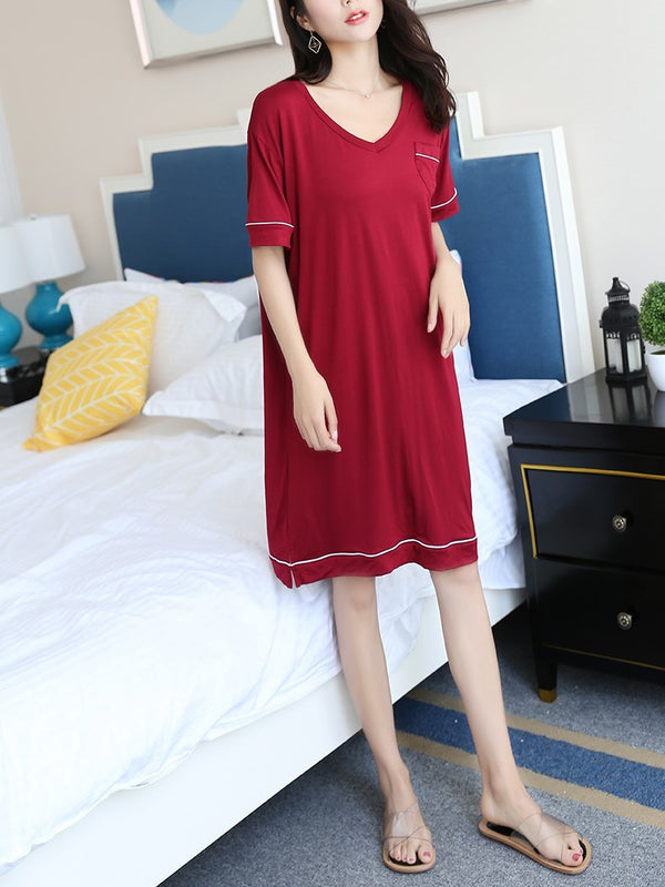 Plus Size Pyjamas Dress V Neck Short Sleeve Dress (Black, Blue, Red)