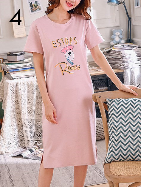 (M - 3XL) Plus Size Pyjamas Dress Cartoon Print Cute Short Sleeve Midi Dress with Pockets and Side Slit