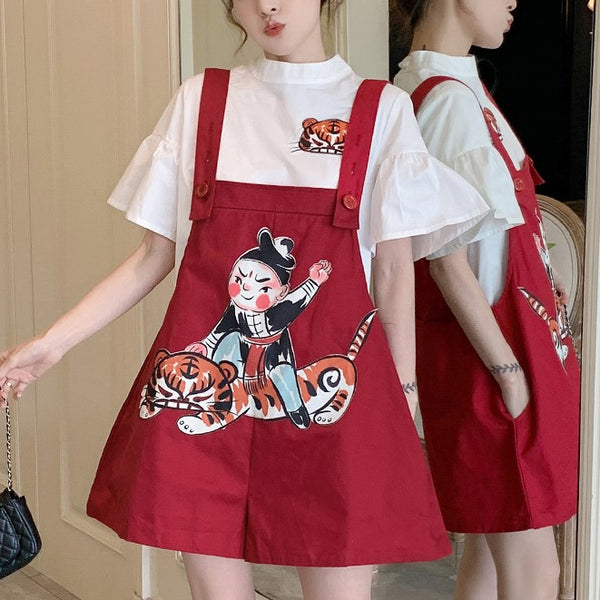 Plus Size Cute Tiger Girl Top And Sleeveless Dungaree Dress Set