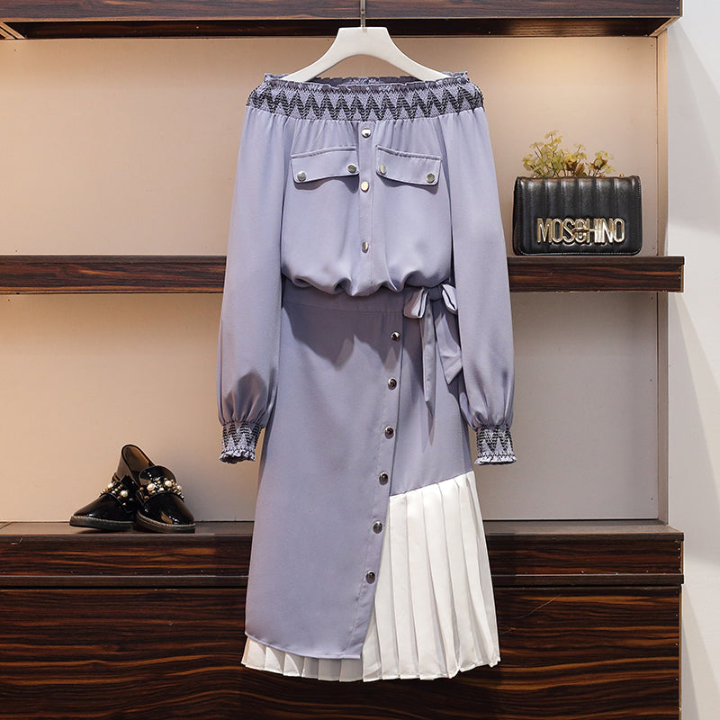 Coco Plus Size Pastel Blue Scrunch Off Shoulder Long Sleeve Blouse and Skirt Set