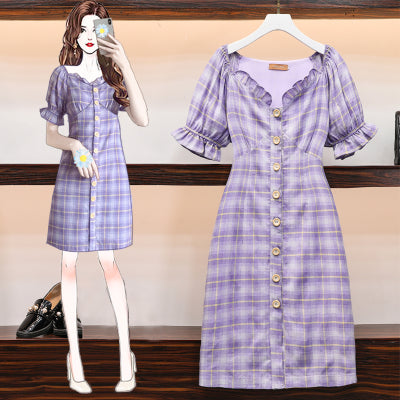 Plus Size Buttons Check Short Sleeve Dress