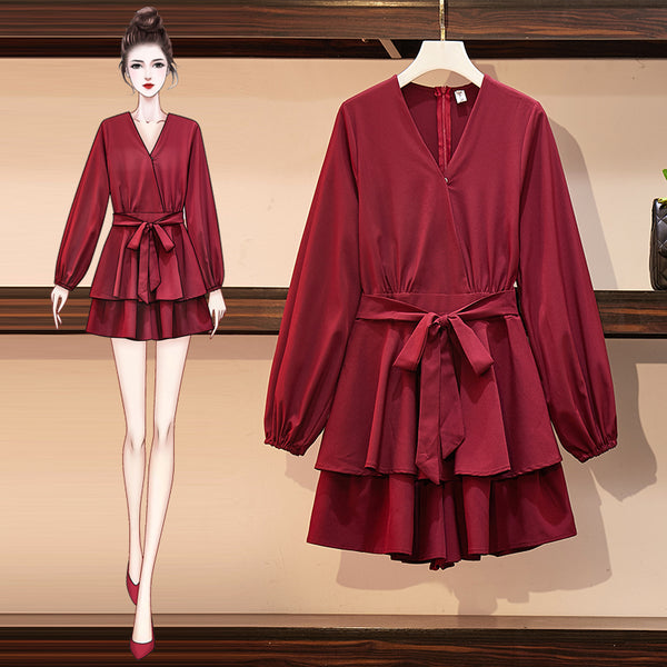 Plus Size V Neck Balloon Sleeves Waist Tie Peplum Romper (Red)