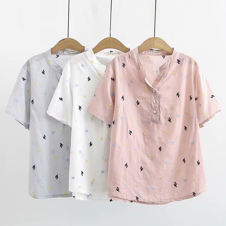 Cacey Plus Size V Neck Cotton Embroidery Buttons Short Sleeve Blouse (Suitable for Chinese New Year) (GREY, WHITE, PINK)