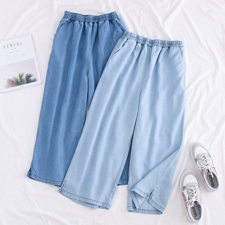 Nona Plus Size Tencel Denim Wide Leg Culottes Capri Pants (Suitable for Chinese New Year) (Dark blue, Light blue)