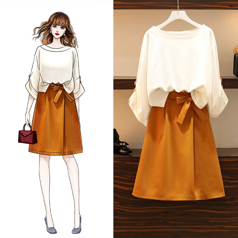 Plus Size White Mid Sleeve Blouse and Ribbon Yellow Skirt Set