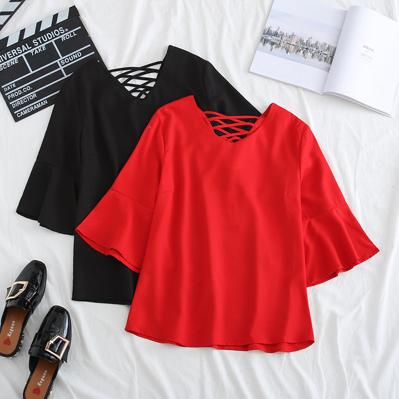 Evi Plus Size Chiffon Criss Cross Back Bell Sleeve Short Sleeve Blouse (Suitable for Chinese New Year) (BLACK, RED) (EXTRA BIG SIZE)
