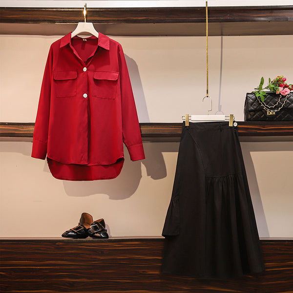 Tiara Plus Size Double Button Pocket V Neck Long Sleeve Shirt Blouse and Black Swing Midi Skirt Set 