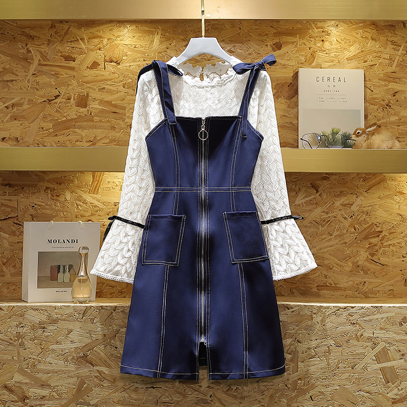 2 Piece White Lace Bell Sleeve Long Sleeve Top and Denim Zipper Ribbon Sleeveless Dress Set