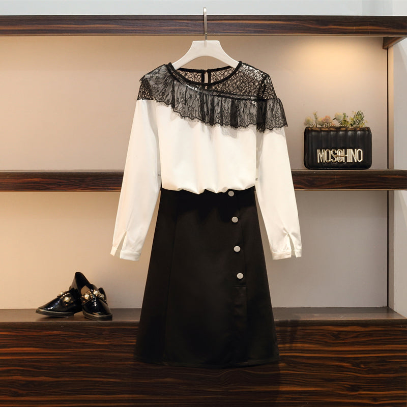 Plus Size Long Sleeve Blouse with Black Buttons Skirt Set