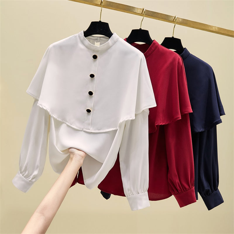 Plus Size Cape Look Button Long Sleeve Blouse (White, Red, Blue) 