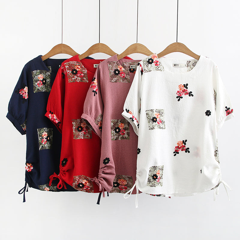 Mandie Plus Size Floral Embroidery Round Neck Cotton Linen Short Sleeve Blouse (Suitable for Chinese New Year) (BLUE, RED, WHITE, PINK)