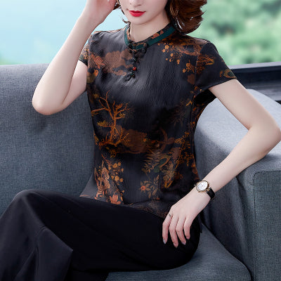 Plus Size Black Oriental Scenery Cheongsam Short Sleeve Top