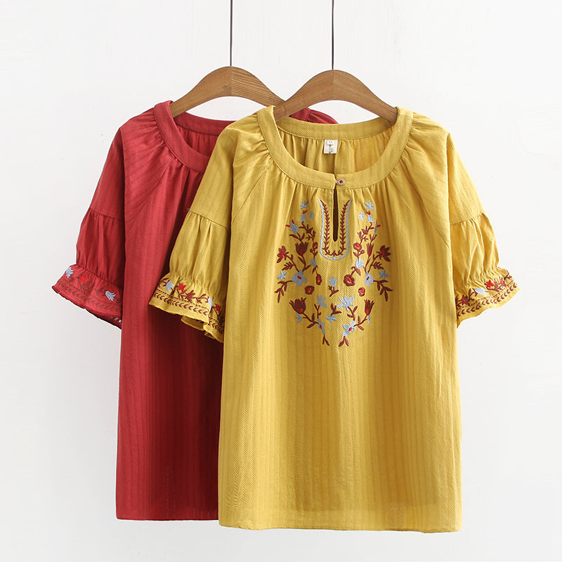 Plus Size Ethnic Embroidery Short Sleeve Top (Yellow, Red) (EXTRA BIG SIZE)