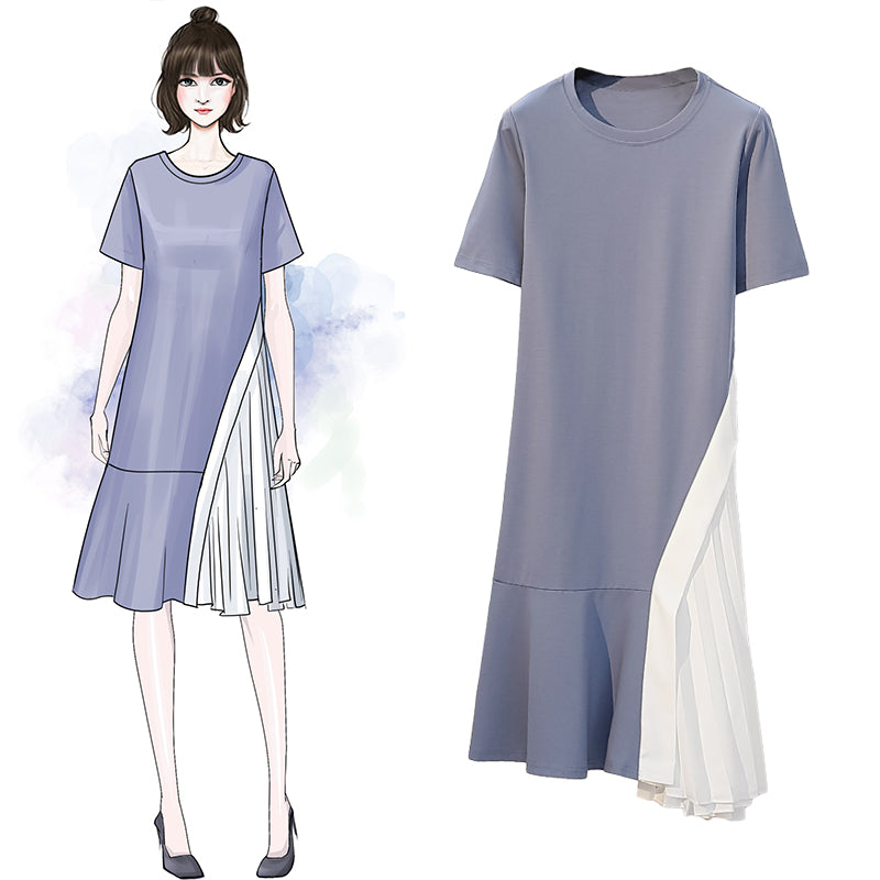 Plus Size Side Pleat Short Sleeve Dress (Blue, Black)