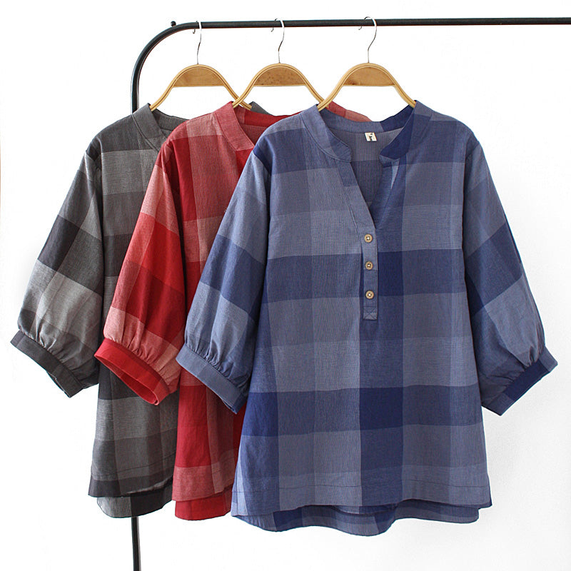Plus Size Checked Button V Neck Mid Sleeve Blouse (Black, Red, Blue) (EXTRA BIG SIZE)
